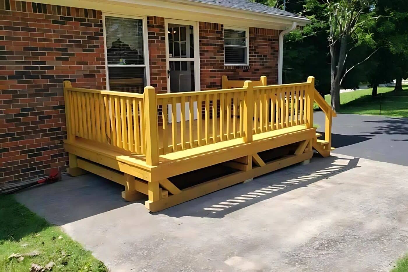 Small house deck on concrete foundation outside brick home