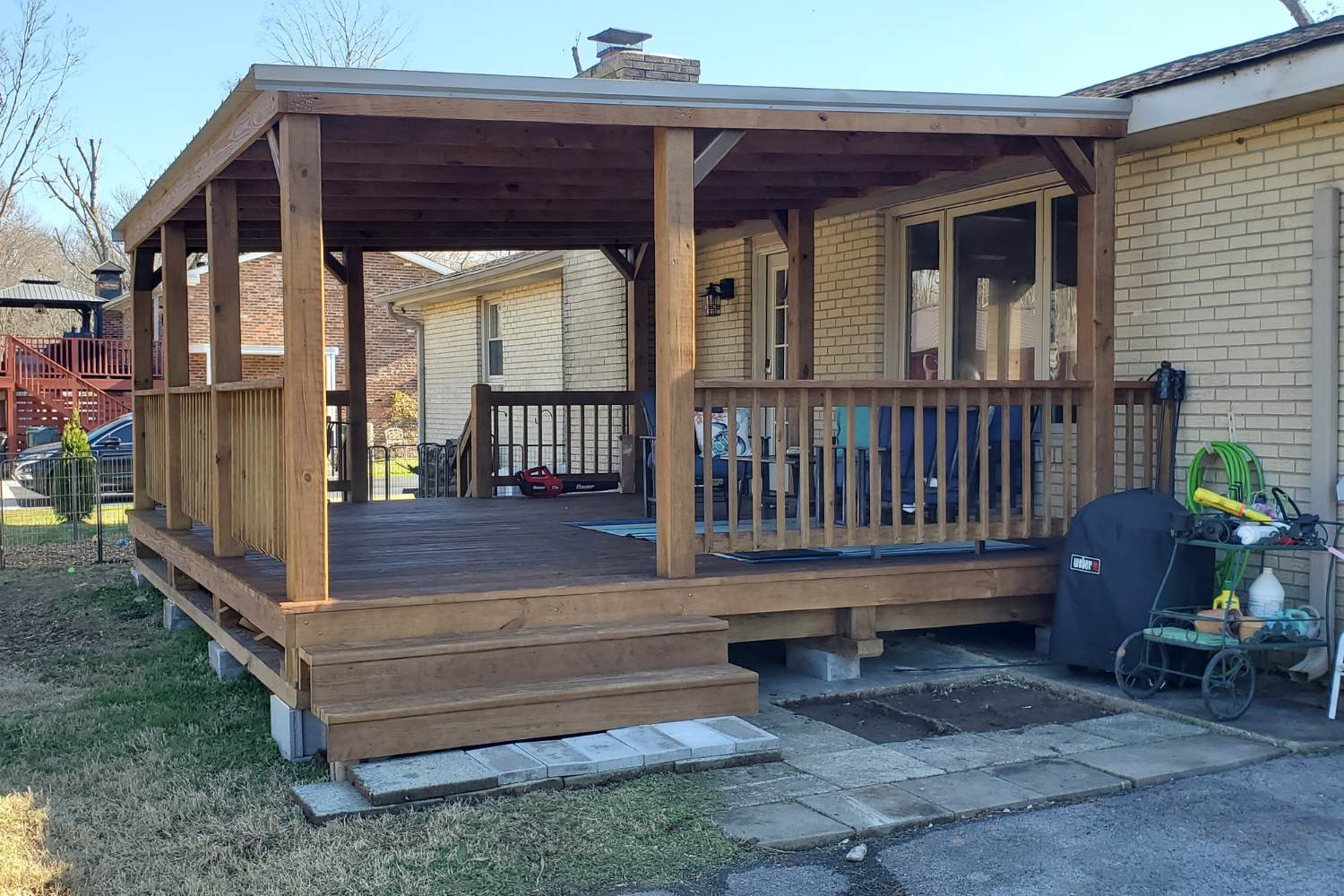 Prebuilt Porches in Kentucky 7 Yes. Prebuilt porches in Kentucky do need a permit like with elevated foundation under this wooden house porch with stairs and handrail