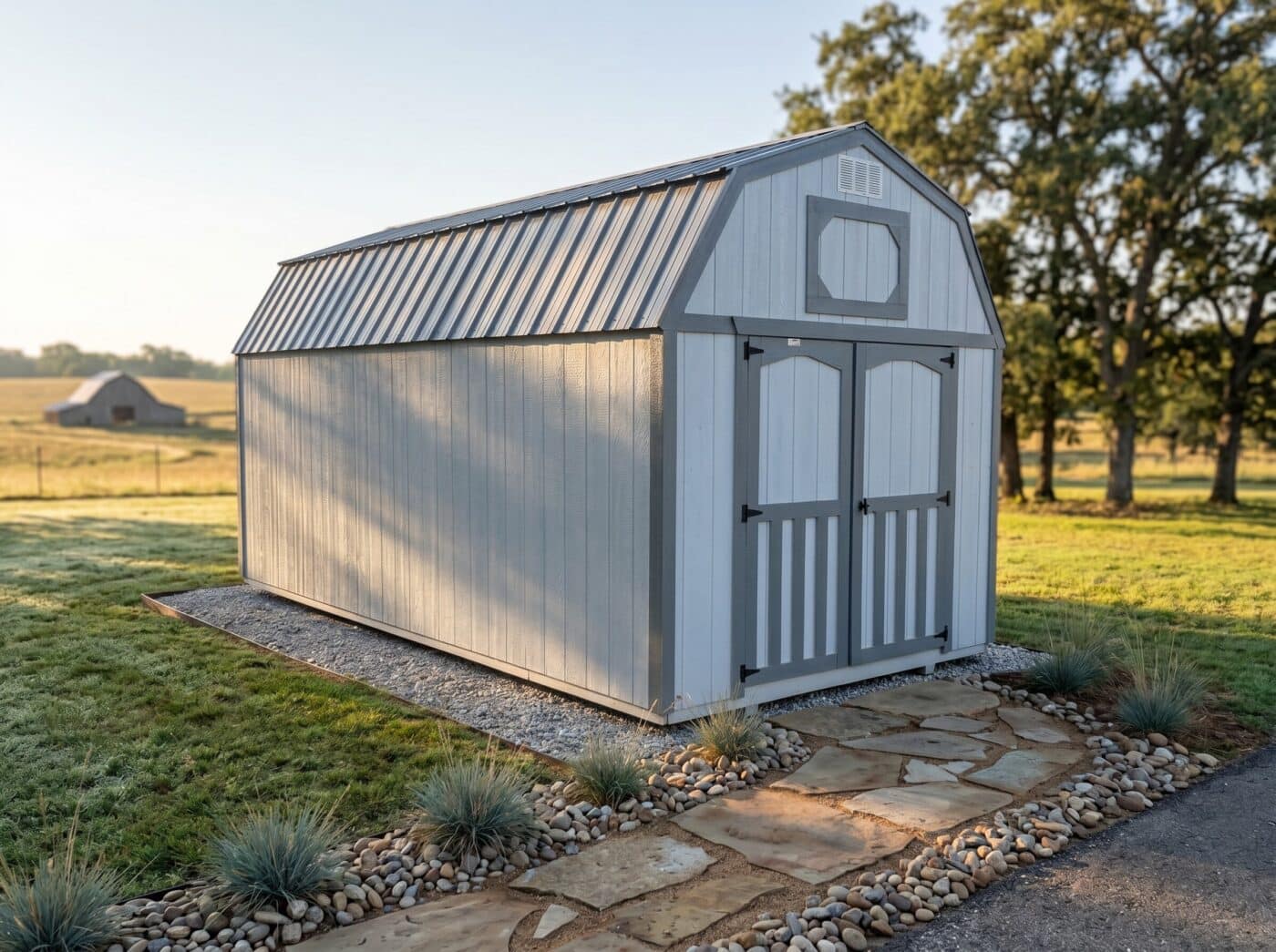 Gray lofted barn shed with dark trim, double doors, metal roof, and upper loft door in a wooded yard.