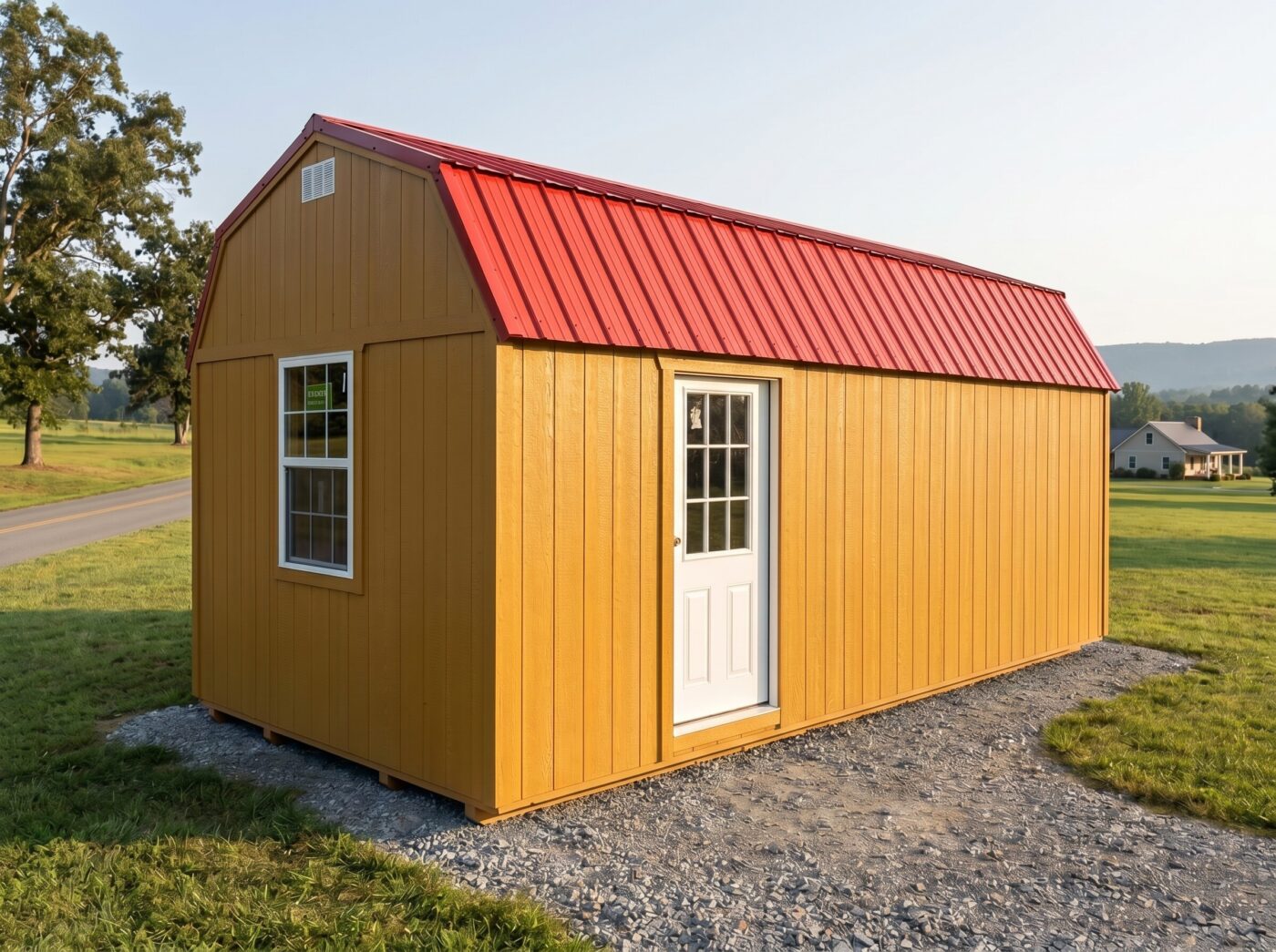Yellow brown lofted barn shed with red metal roof, white entry door, window, and bicycle beside the building.