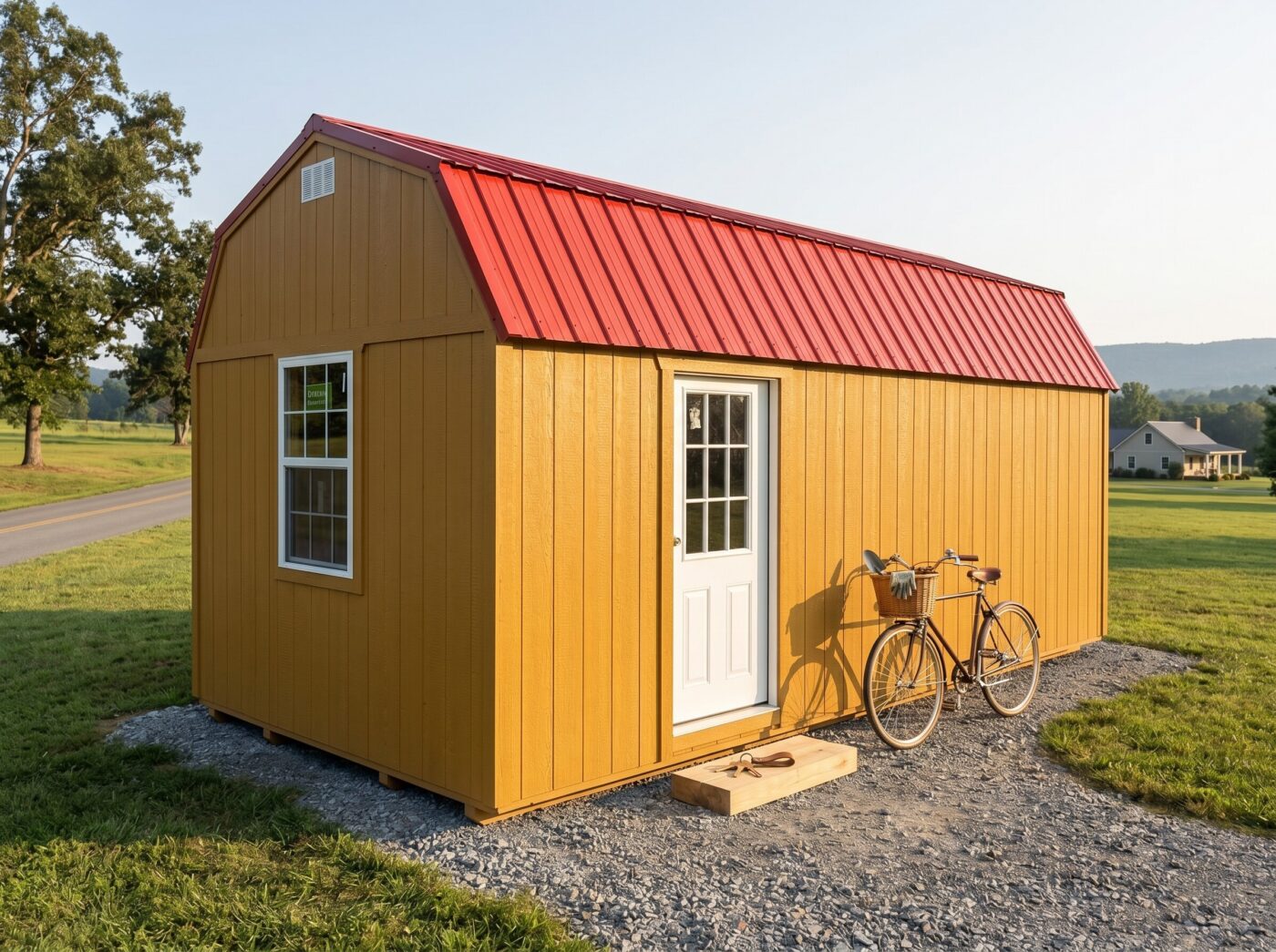 Yellow lofted barn shed with red metal roof, white entry door, and side window on a gravel pad.
