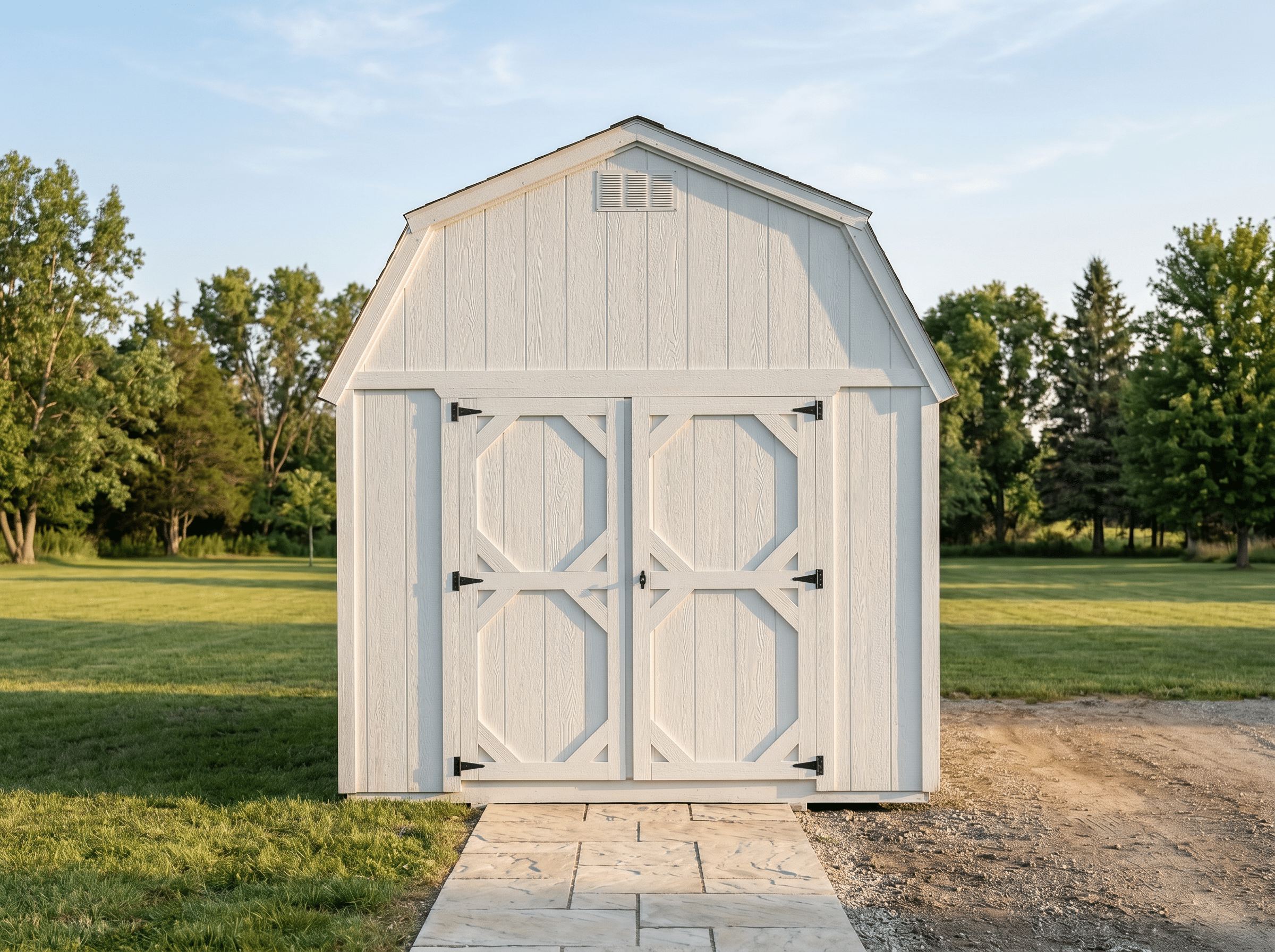 Sheds for Sale In TN & KY 1 White lofted barn shed with double doors and black hardware on a grassy property.