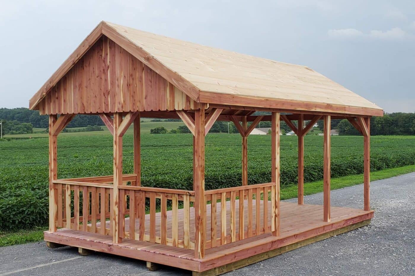 Portable outdoor pavilion for sale in Kentucky outside soy field
