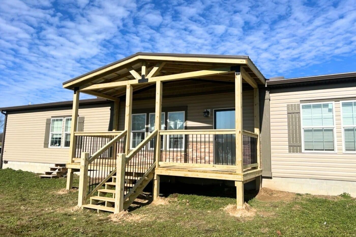 front wooden deck with stairs