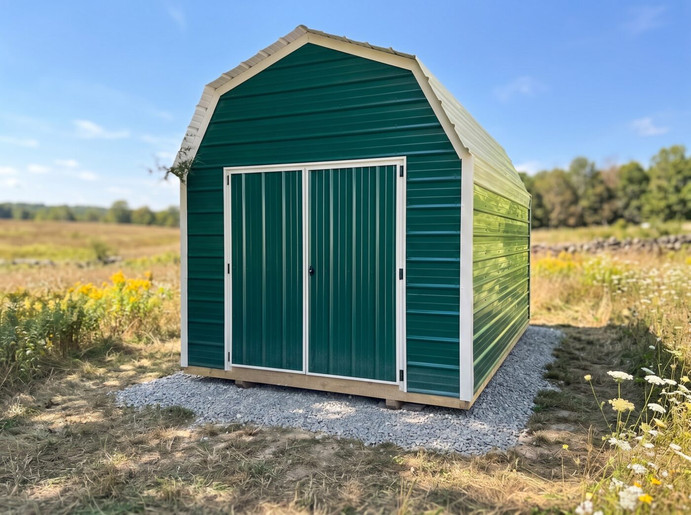 Green horizontal metal shed with white trim, double doors, and a gambrel-style roof on a gravel pad.