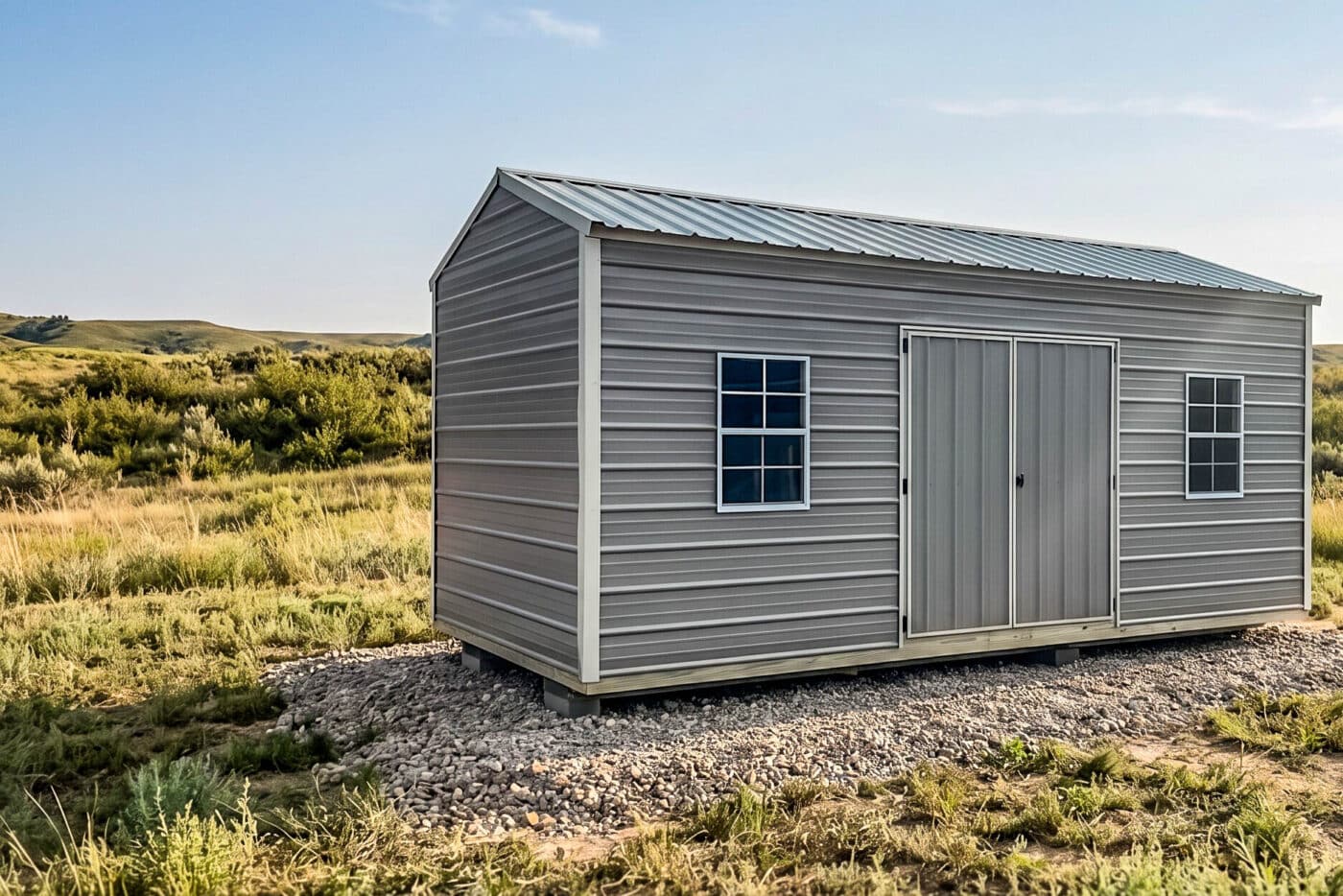 Gray horizontal metal shed with white trim, double doors, and two windows on a gravel foundation.