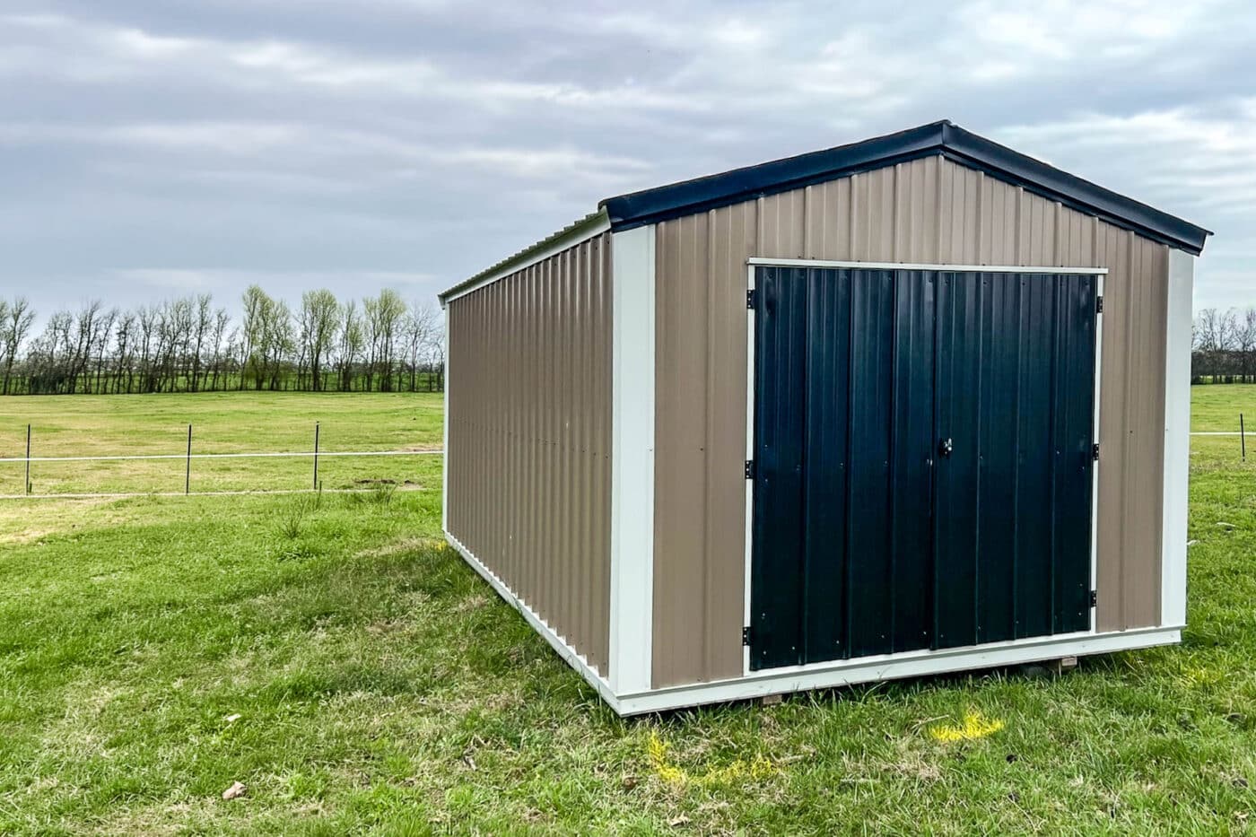 Tan economy metal shed with black double doors, black roof trim, and white corner trim in a rural field.
