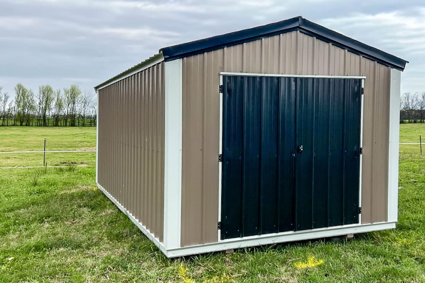 Tan economy metal shed with black double doors, black roof trim, and white corner trim in a grassy field.