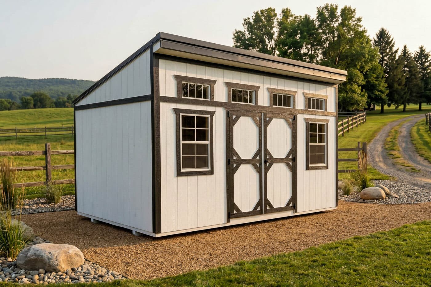White modern shed with black trim, double doors, two windows, and four transom windows beside a country drive.