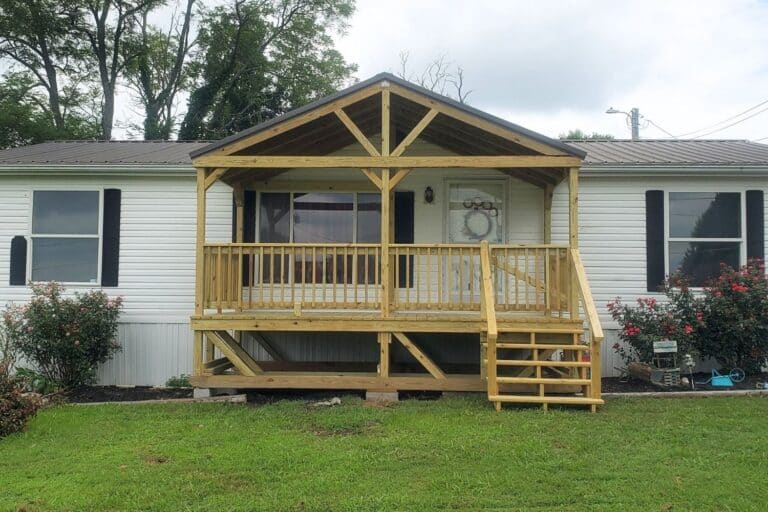 wooden a-frame deck with metal roof in tennessee